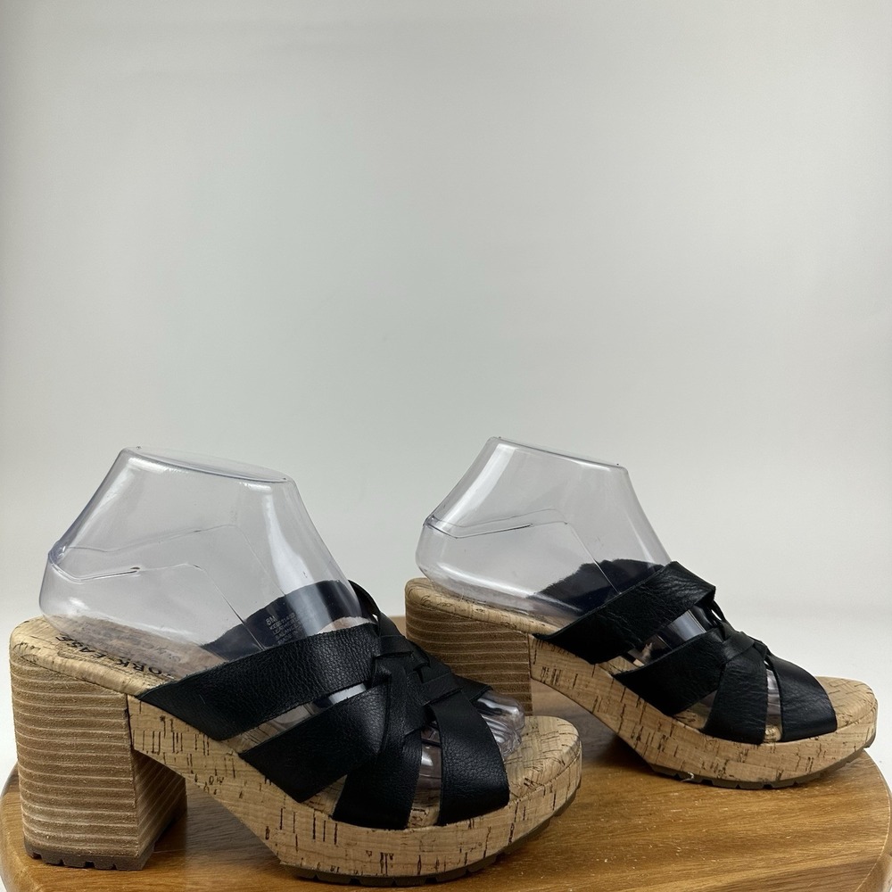 New Womens Korks Kork-Ease Charis Black Leather Block Heel Cork Sandals Size 8 M